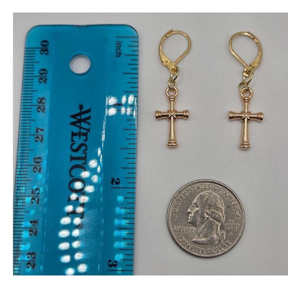Handmade Earrings Gold Toned Cross Leverback Hypoallergenic # - Picture 6 of 8